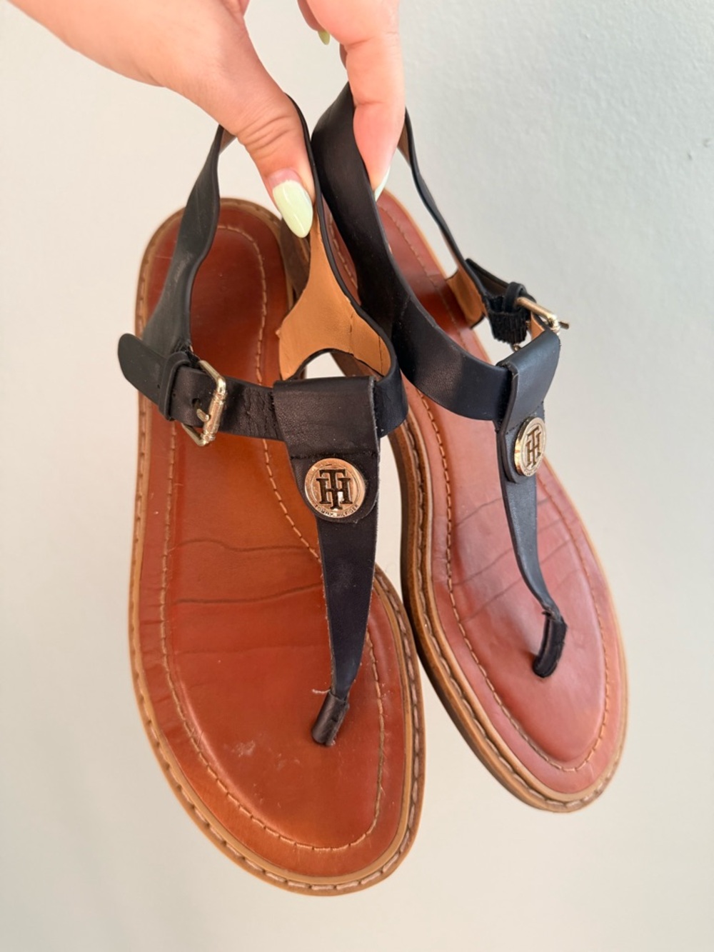 Tommy Hilfiger Black and Brown Leather T-Strap Sandals